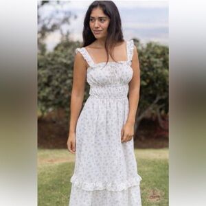 Smocked Floral White Maxi Dress with Ruffle Trim